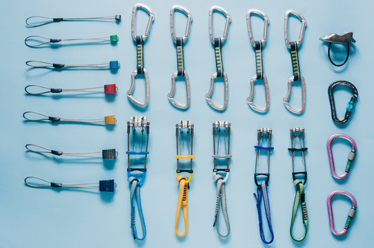 Climbing gear on blue background