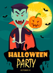 Halloween invitation or greeting card. Funny vampire holding pumpkin