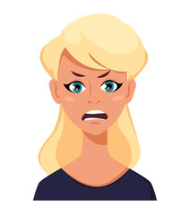 Face expression of a blonde woman - anger. Female emotions.