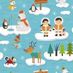 seamless pattern with Eskimos and arctic animals on ice floes - vector illustration, eps