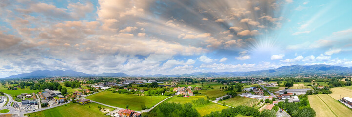 Fototapeta na wymiar Aerial panoramic view of Lucca Countryside. City and mountains, Tuscany - Italy
