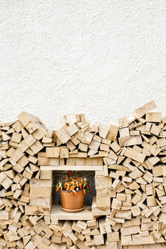 Pile of wood with hot pepper in the middle for decoration