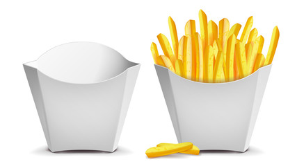 French Fries Vector. White Empty Blank Paper Bag. Fast Food Icons Potato. Empty And Full. Isolated Illustration