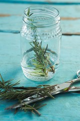 Rosemary and scissors on wooden table
