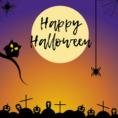 Vector illustration with owls, graves and pumpkins, spiders on background. Color halloween image. Icon with elements of holiday. Festive postcard to the day of All Saints. Holiday card Happy Halloween