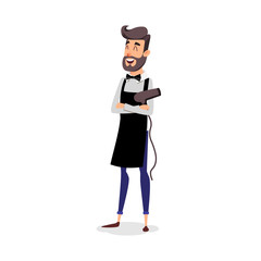Cartoon successful hairdresser in an apron with a hair dryer in hand. Young A stylish hairdresser with a beard. Professional fashion stilist smiling on a white background