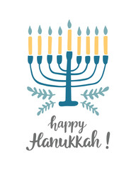 Happy Hanukkah greeting card with hand written modern brush lettering and menorah - obrazy, fototapety, plakaty