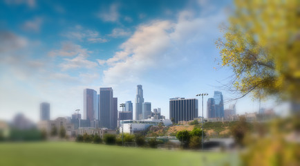 Beautiful skyline of Downtown Los Angeles from city park