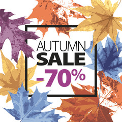 Abstract sale illustration. Autumn sale vector grunge template with lettering. Yellow, pink, blue, orange, purple fallen leaves. Black ink text. 70 percent off