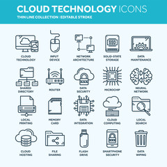 Cloud omputing. Internet technology. Online services. Data, information security. Connection. Thin line blue web icon set. Outline icons collection.Vector illustration.