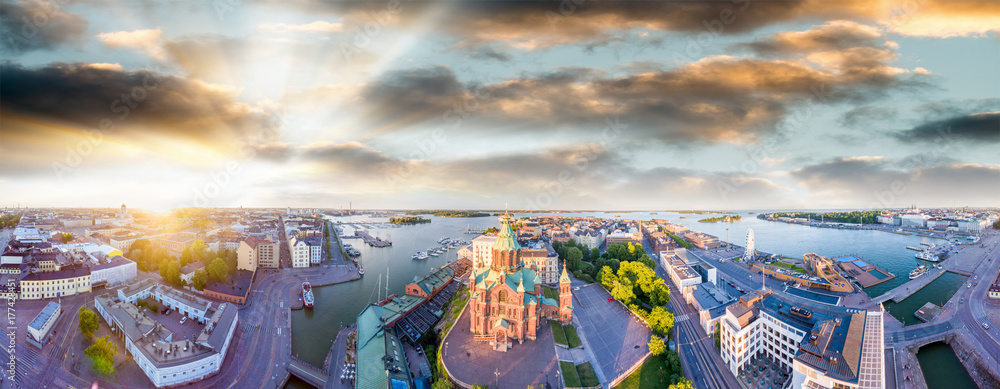 Sticker Helsinki aerial panoramic view at sunset, Finland