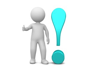 man thumbs up ok all right gesture pose with orange 3d exclamation mark exclamation point isolated on white