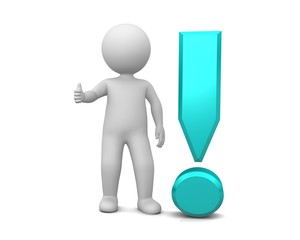 exclamation mark exclamation point golden yellow 3d exclamation sign with stick man thumbs up ok gesture all right pose isolated on white