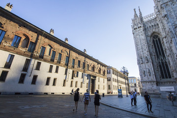 Obraz premium The Piazza del Duomo (cathedral square), the main city square of Milan, Italy. Dominated by Milan Cathedral, the Galleria and the Monument to King Vittorio Emmanuele II