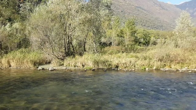pescatore sul fiume con canna da pesca a mosca