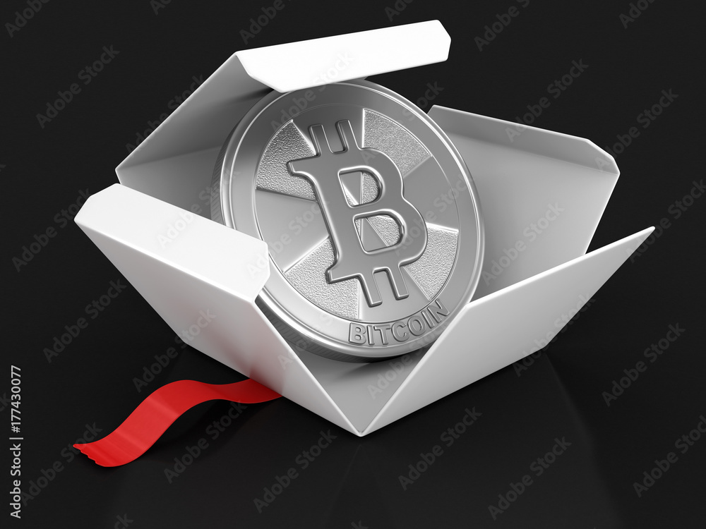 Poster open package with bitcoin. image with clipping path