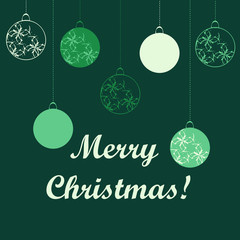 Merry Christmas card with Balls Decoration on green background