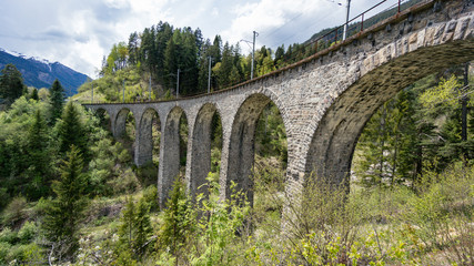 Fototapeta na wymiar Railroad tracks and bridge on Landwasser Viaduct bridge, Switzerland