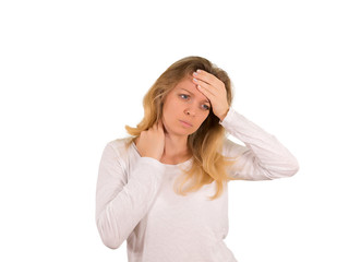 The blonde girl sore neck. Isolated on a white background. Mockup