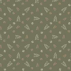 Christmas balls and christmas trees pattern on brown background