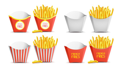 French Fries Set Vector. Classic Paper Bag. Tasty Fast Food Potato. Fast Food Icons Potato. Empty And Full. Isolated Illustration