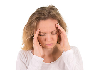 Fototapeta premium Girl blonde a headache. Isolated on a white background. Mockup