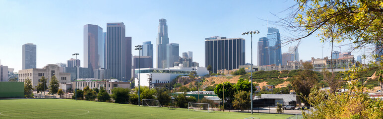 Beautiful skyline of Downtown Los Angeles from city park