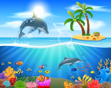 Cartoon dolphin jumping in blue ocean background. vector illustration
