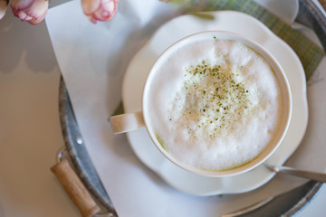 matcha green tea latte japanese style on table