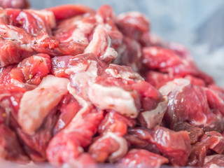 Closeup of raw beef was sliced for cooking.