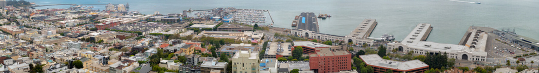Aerial panoramic view of San Francisco promenade and Golden Gate Bridge