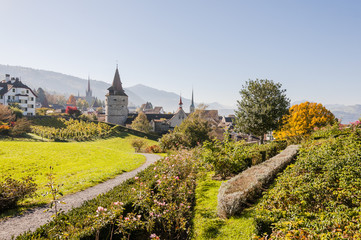 Stadt Zug, Zug, Stadt, Altstadt, Guggi, Rosenpark, Kapuzinerturm, Stadtmauer, St. Oswald, St. Michael, Kirche, Spazierweg, Weinberg, Herbst, Schweiz