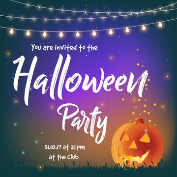 Halloween party invitation - vector illustration with a pumpkin and hanging party lights
