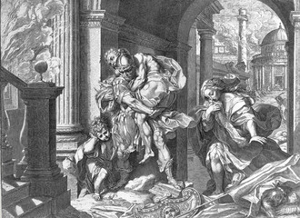 Aeneas flees from Troy. Engraving