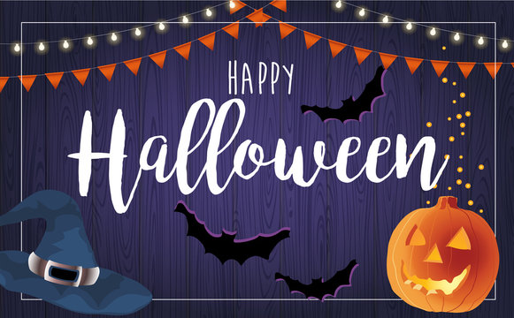 Happy Halloween vector illustration with pumpkin, card design template