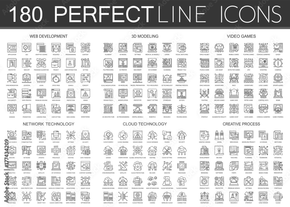 Poster 180 outline mini concept infographic symbol icons of web development, 3d modeling, video games, netw