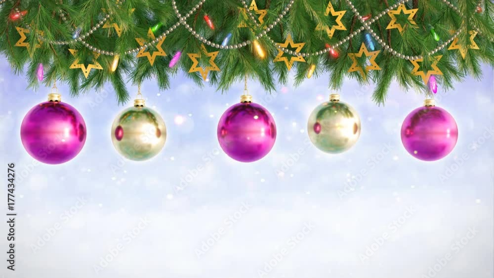 Wall mural christmas decorations hanging and rotating from twigs- 3d render. seamless loop
