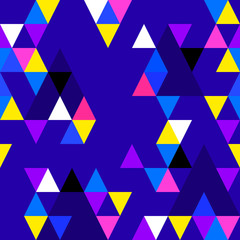 Abstract seamless pattern with colorful triangles on blue background. Vector.