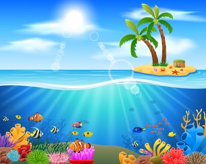 Obraz premium Colorful coral reef with fish on a blue sea background. vector illustration