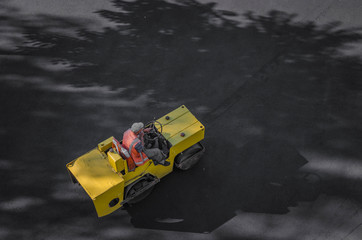 Heavy Vibration roller at asphalt pavement works . road repairing.