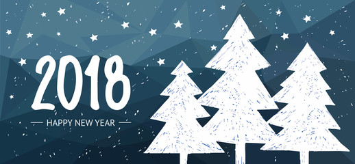 Happy New Year holiday card on lowpoly background with Hand drawn lettering.