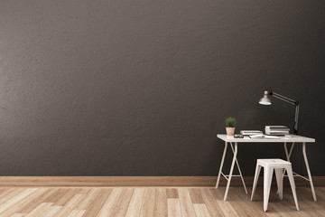 Work space with gray wall and wood floor.3D illustration