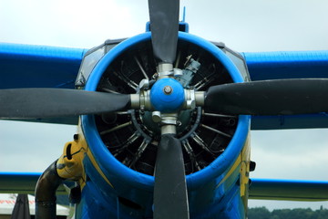 Vintage plane, front view motor and propeller