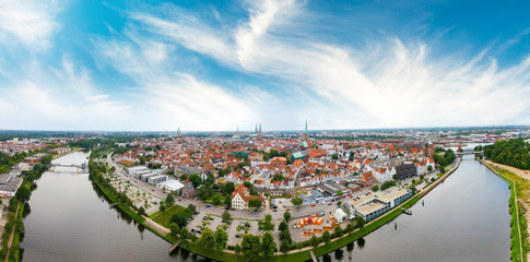 Obraz premium Aerial view of Lubeck at sunset, Germany