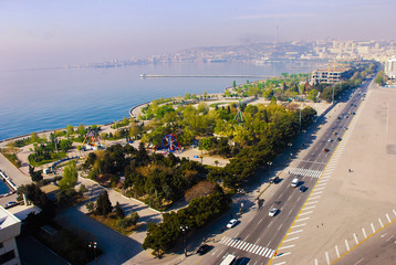 Fototapeta premium View of the city centre of Baku - Azerbaijan in the winter. Church.View of the Caspian Sea. View of the boulevard