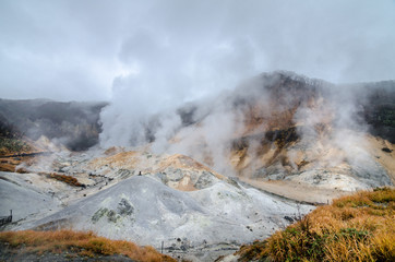 Beautiful valley of Jigokudani or "Hell Valley", located just above the town of Noboribetsu Onsen, which displays hot steam vents. It is a main source of Noboribetsu's hot spring waters.