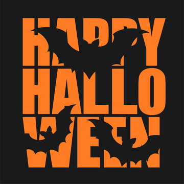 Orange inscription Halloween and bats. Greeting card. Vector illustration