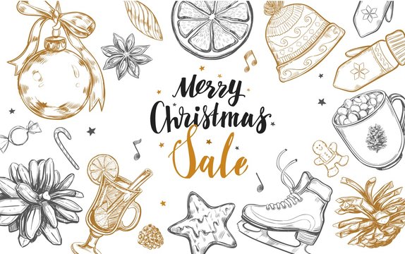 Merry Christmas Sale and Happy New Year frame. Vector hand drawn winter elements and Modern brushpen Calligraphy. Lettering
