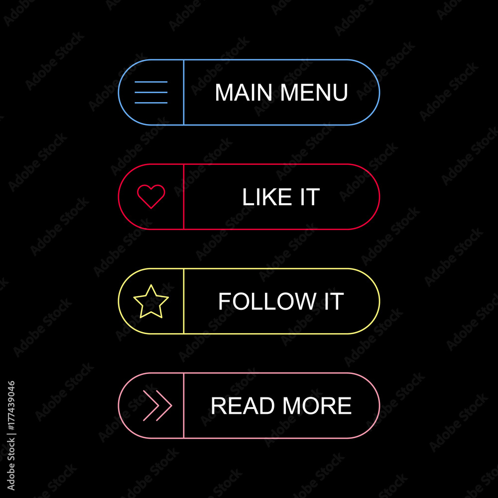 Poster flat simple illustration of buttons isolated on black background. color icons main menu buttons set 