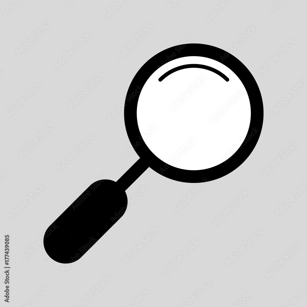 Aufkleber flat simple magnifier isolated on grey background. black outline search icon in the cartoon style. v